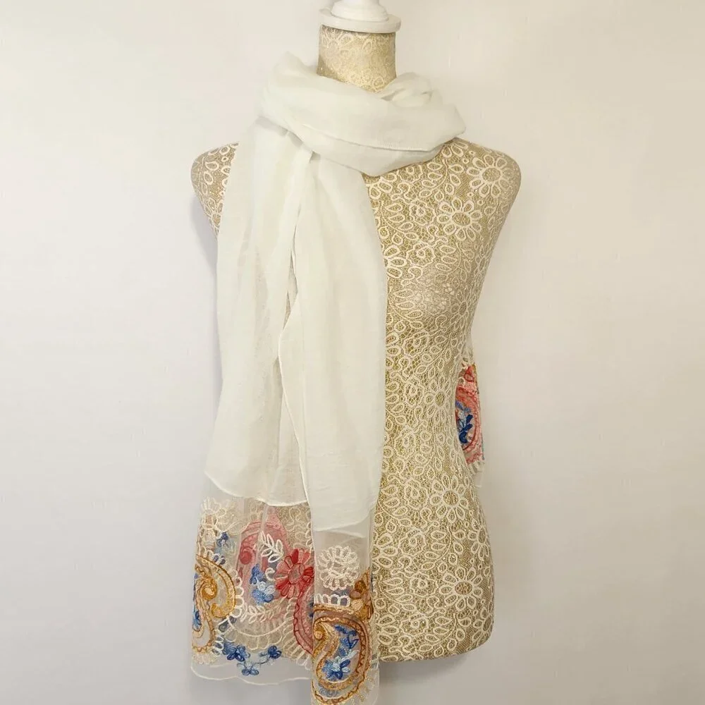 Scarf Women's Rectangle White Detailed Floral Embroidered Linen Blend Boho City